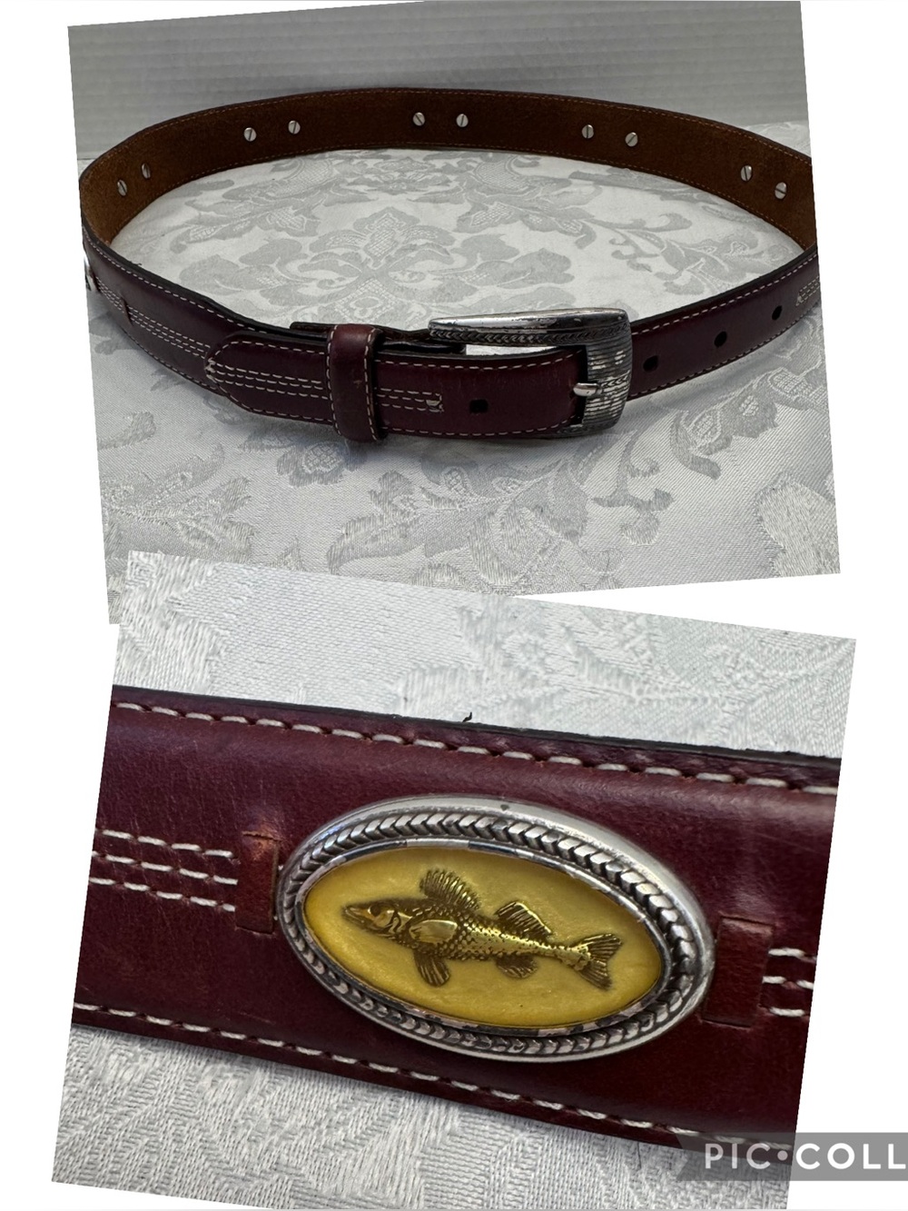Onyx By Brighton Brown Leather Belt‎ Men’s Size 34 Fish Bass Western Preppy Dad